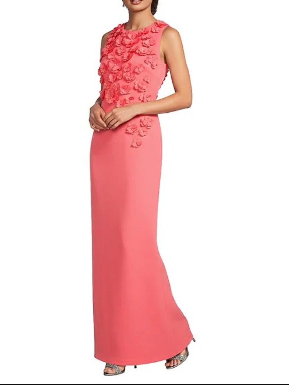 Badgley Mischka Coral Pink Floral-Appliqué Maxi Gown